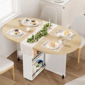 3-in-1 Folding Dining Table With Wine Rack, Drawer & Cup Holders, Drop Leaf Oval Kitchen Table On Lockable Casters For Small Spaces