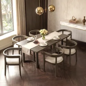 7 Piece Dining Table Set for 6, Rectangular Kitchen Table Set with 6 Upholstered Barrel-Back Chairs, Wood Grain Dining