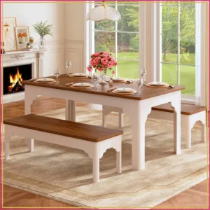 Farmhouse Dining Table Set 3-Piece with 2 Benches for 4-6, Space Saving Wooden Kitchen Table, Brown & White