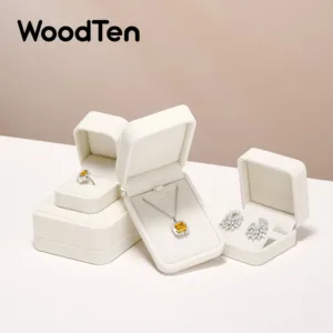 WoodTen Velvet Ring Jewelry Box Beige Earring Box Necklace Bracelet Storage Case Jewelry Organizer Jewelry Gift Box for Wedding