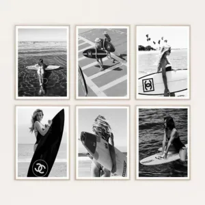 2D Canvas painting Fashion Black and White Girl Surfing Beach Surfboard Seascape Poster Canvas Painting Wall Art Pictures H
