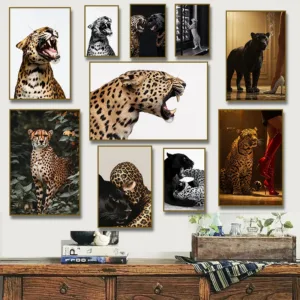 Cheetah Leopard Black Panther, with Jewelry Photography Poster Fashion Canvas Painting Print Wall Art for Living Room Home Decor