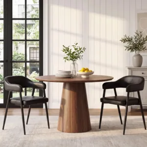 Modern Dining Room Arm Chairs Set of 2, Retro Faux Leather Upholstered Barrel Dining Chairs with Arms MidCentury Black Accent C