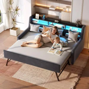 Twin Daybed with Pop Up Trundle&Charging Port, Upholstered Twin Day Bed Frame with Headboard, Sofa Bed for Living Room