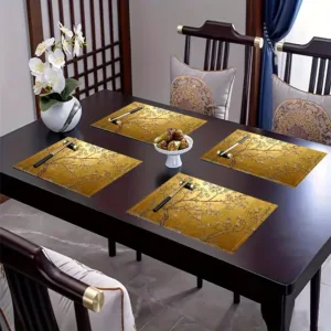 4pcs Elegant Chinoiserie Golden Placemats - Luxury Asian Motifs Table Mats Suitable for Dining Table, Kitchen, Party, Holiday