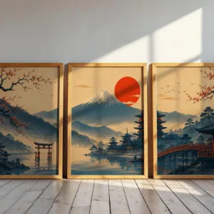 Japanese Wall Art Set of 3,Mount Fuji Torii Gate Pagoda Prints, Vintage Ukiyo-e Posters,Cherry Blossom Decor,Asian Inspired Gift