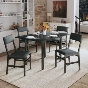 Dining Table Set for 4, Extendable Kitchen Table Cushion Chairs Set of 4, Rectangle Dining Table with Metal Frame & MDF