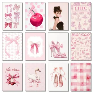 Classic Fashion Pink Bow Ballet Cherry Cake Retro Posters Prints Canvas Painting Wall Art Picture Living Room Home Decor