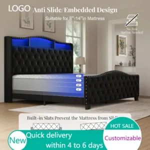 King Bed Frame with LED Lights, 50.9" Upholstered Wingback Headboard, Storage & Charging Station, No Box Spring Needed, Black