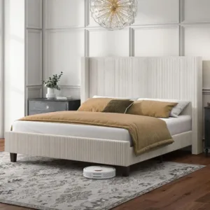 HOWE King Size Bed Frame with 50.8"Tall Wingback Headboard, Modern Corduroy Upholstered Platform Bed Frame with Solid Wood Slats