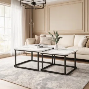 Square Nesting Coffee Tables Set Of 2, Space Saving Small End Table Set For Living Room Bedroom Balcony, Fluted Side Tables Set
