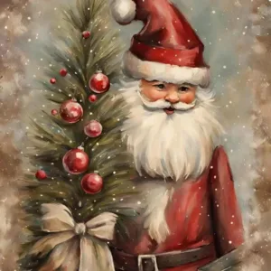 AZNM Vintage Santa Claus With Christmas Tree Bow Canvas Wall Art, Retro Xmas Ornament Snow Scene Oil Painting Style Print for Li