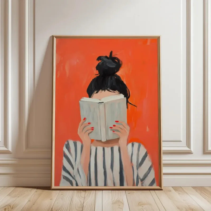 Reading Woman Art Print | Book Poster | Feminine Cozy Wall Art | Bold Orange Art Print | Abstract Contemporary Portrait Art