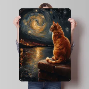 Kitten Starry Night Metal Poster Custom Wall Art Retro Vintage Tinplate Signs for Man Cave Bathroom Decor Home Decoration Luxury
