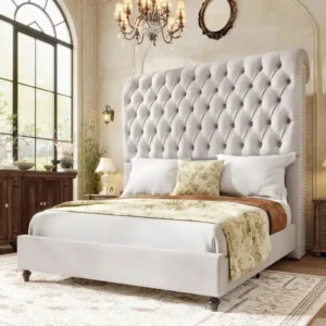 Jocisland King Size Bed Frame with 59" Tall Upholstered Headboard,Luxury Velvet Bed with Handcrafted Deep-Tufted Design andSolid