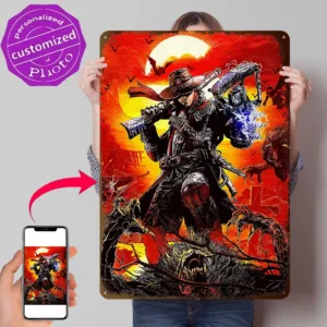 Evil West Game 3D Printed Texture Poster Personalized Wall Art Retro Metal Tin Signs for Room Decorations Man Wand Deko Decor