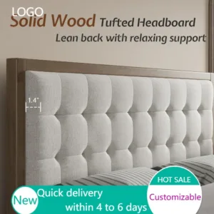 Queen Bed Frame 50" Tall Upholstered Headboard Solid Wood Platform No Box Spring Needed