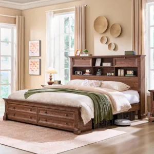 Farmhouse Queen Size Bed Frame with 54" Tall Headboard, 2 Footboard Drawers | Headboard with 4 Storage Rack, 2, Customized