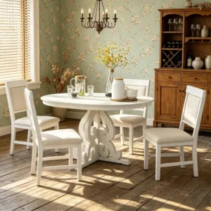 Extendable Dining Table Set for 4-6, Farmhouse Kitchen Table Set with Extendable Round Dining Table & 4 Upholstered, Custom
