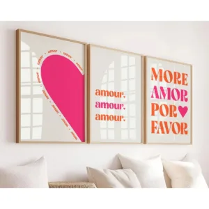 1/3pcs "More Amor Por Favor Amour"Love Quote Canvas Print Poster Modern Heart Art Prints Wall Art Valentine's Day Home Decor