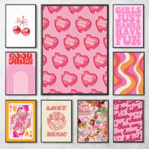 Pink Love Heart and Playing Cards Preparatory Student Canvas Print Poster Bauhaus Wall Art Poster Coffee House Bar Home Decor