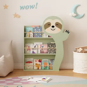 Orraves Sloth Kids Bookshelf, Front-Facing Toddler Book Display Rack with 3 Tiers, Cute Animal Design, Wooden Nursery Bookshelf for Playroom, Bedroom & Reading Corner, Safe & Sturdy Storage Organizer
