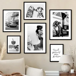 A4 9x13cm 6x8 Photo Frame With Canvas Painting Luxury French Bulldog Sexy Woman Car Black White Wall Art Combination Photo Frame