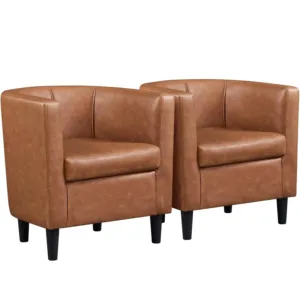 Barrel Accent Chairs Set of 2, Modern Armchairs, Brown | Faux Leather Chair with High-Density Foam Seat,, Customized