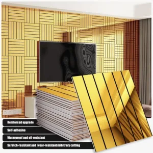 10pcs Striped Grid Self-Adhesive Wallpaper,3D Mirror Reflective Striped Panels,Golden Silvery Foil PVC Wall Stickers Wall Panels