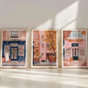 3PC Autumn Wall Art Decor, Coffee Poster, Pink Wall Art, Autumn Bookshop, Fall Decor City Poster, Cottage Core, Pumpkin Wall Art