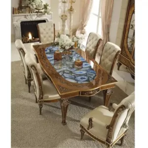 #French Antique Wooden Carved Rectangular Dining Table Set With White 6 Chairs