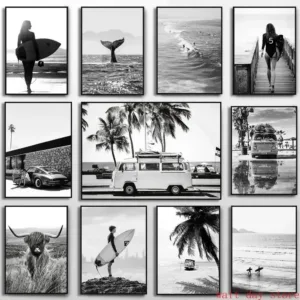 Beach Camper Van Surfing Ocean Landscape Wall Art Palm Tree Surfboard Canvas Painting Home Room Decor Poster Prints
