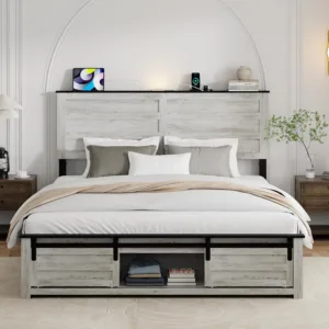 Queen Size Bed Frame with Wood Headboard, Wooden Platform Bedframe with Sliding Barn Door Footboard and Charging, Customized