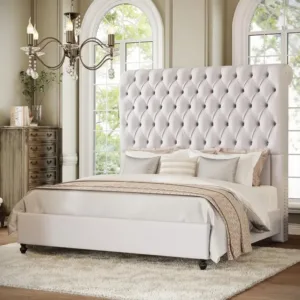 AMERLIFE King Size Bed Frame and Headboard with 59" Tall Sleigh Design,Luxury Velvet Upholstered King Bed Frame with Handcrafted