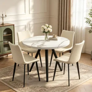 34.6" Round Dining Table Set for 4, Modern Kitchen Coffee Table Set with 4 Upholstered Leather Chairs, MDF Small Space, Custom