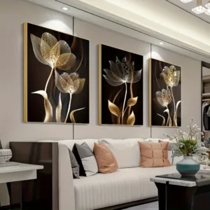 3 Black Gold Floral Modern Wall Art - Living Room Decor Framed Canvas Painting