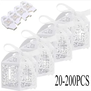 20-200PCS White Cross Candy Box Baptism Chocolate Pearl Paper Baby Shower Gift Box The First Communion Kids Birthday Party Decor