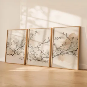 Neutral Botanical Wall Art Set of 3,Japandi Triptych Wall Art,Minimalist Japanese Scandinavian Decor, Beige Taupe Olive Wall Art