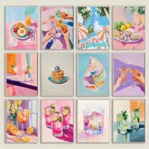 Oil Painting By Numbers Kit Pastel Pink Summer Cocktail Seaside Food Still Life Hand Painted Canvas Wall Picture, Unframed