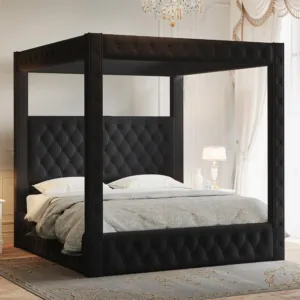 King Canopy Bed Frame Velvet Upholstered Deep-tufted Headboard 74.8" Tall Four Poster USB-A & USB-C Outlets No Box Spring 45-Min