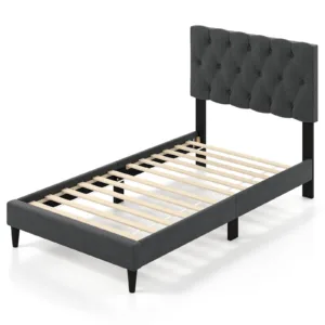 Twin Size Bed Frame with Button-Tufted Headboard & Wooden Slats Easy Assembly