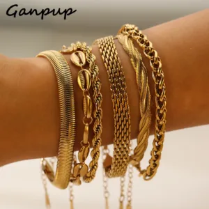 GANPUP 316L Stainless Steel Metal Gold Color Wrist Chain Bracelet For Women Men 2025 Texture Antiallergic Bangle Jewelry Gift