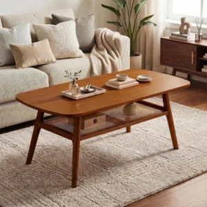 Rattan Coffee Table, 39.5" Wood Coffee Table for Living Room Walnut | Solid Rubber Wood Legs, Storage Shelf, Round Corne