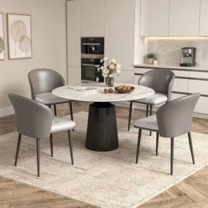 Set of 4 Leather Upholstered Dining Chairs with Metal Legs, Comfortable for Kitchen, Dining, Living, and Bedroom, Light Grey