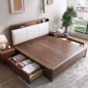 Bedroom Furniture Walnut Chinese Style Solid Wood Bed Modern Frame Light Luxury king Size Beauty Princess Wooden Beds