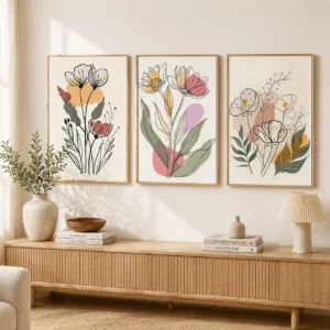 Boho Floral Wall Art, Abstract Line Art Canvas Painting, Minimalist Botanical Poster Print for Bedroom Living Room Wall Decor