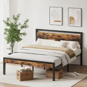 MCQ 14 Inch Basic Bed Frame Metal Platform with Wood Headboard Heavy-Duty Metal Platform With 1000Lbs Capacity No Box Spring Needed Easy Assembly Design Bedroom Bed For Home