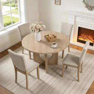 Round Dining Table Set for 4, Kitchen Table with 4 Upholstered Chairs, 5-Piece Wood Dining Table and Chairs Set for, Custom