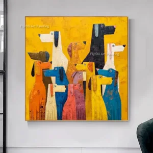 Large Handpainted Original Design Yellow Black Dogs Canvas Artwork Abstract Red Blue Orange Birds Oil Painting For Room Decor