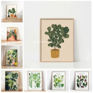 Green Plant Potted Calm Canvas Print Leaves Philodendron Flower Plant Anthurium Wall Art Poster for Bedroom Spring Home Decor
